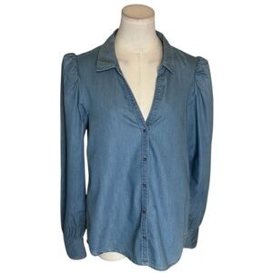 PAIGE Light Blue Button-Down Shirt Puff Sleeves Denim Jeans Casual Sz M Chambray